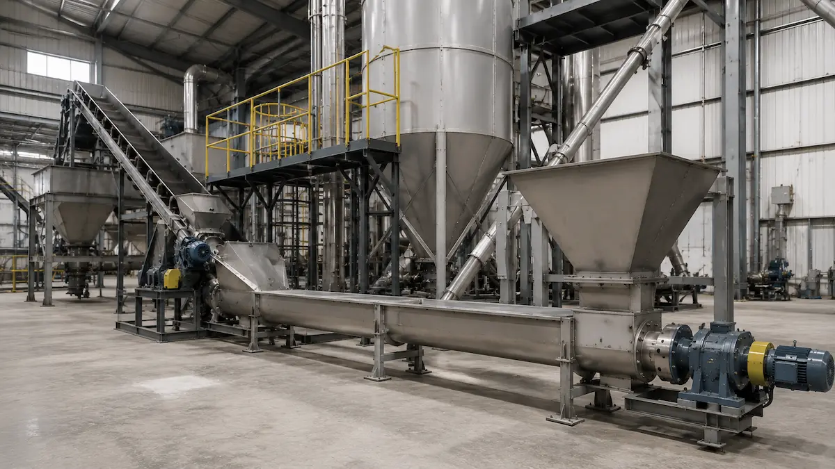 Sistem material handling dengan hopper dan conveyor terintegrasi