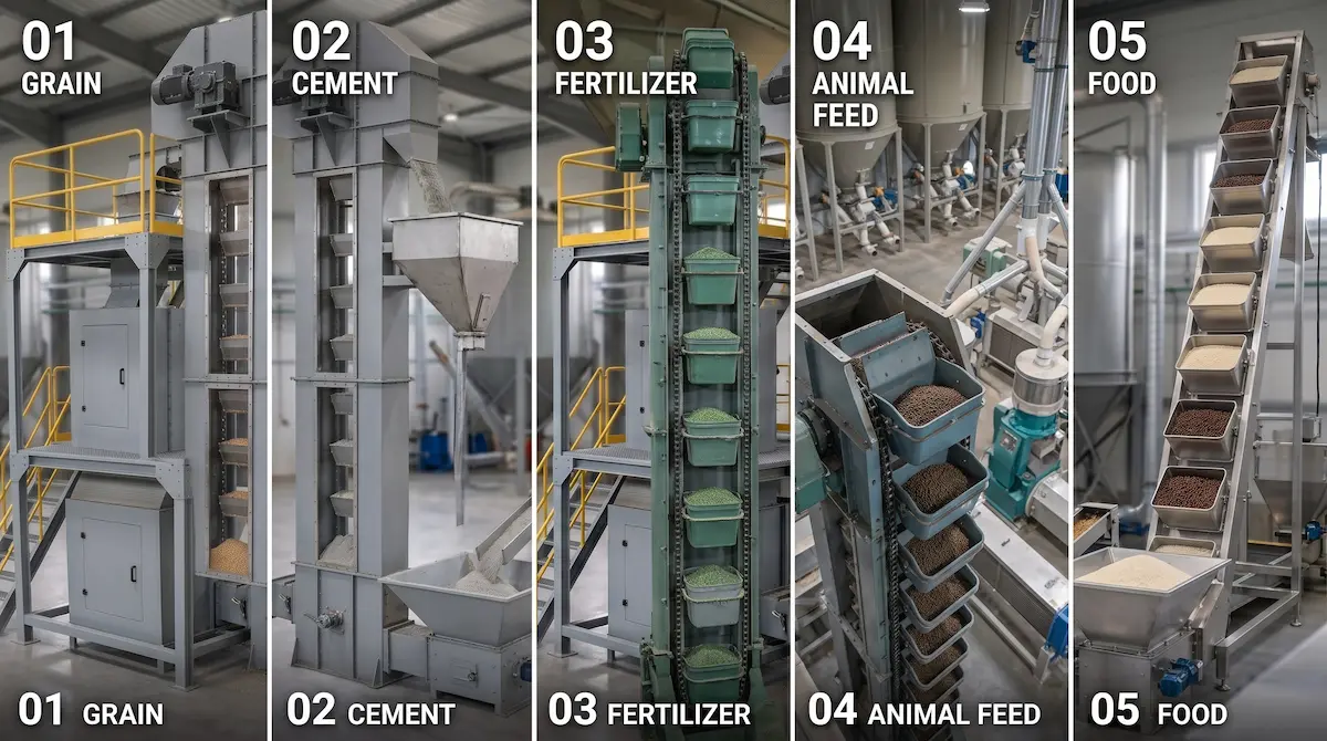 Aplikasi bucket conveyor dan bucket elevator untuk grain, cement, fertilizer, animal feed, dan food