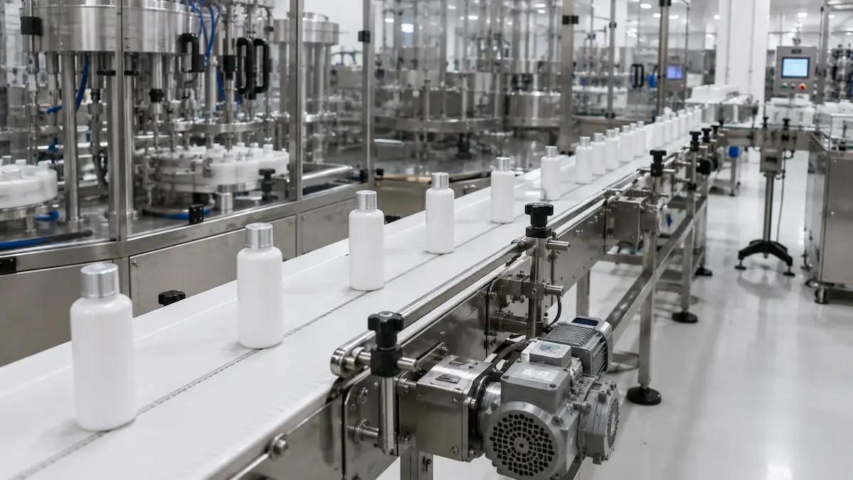 Conveyor untuk proses produksi industri kosmetik
