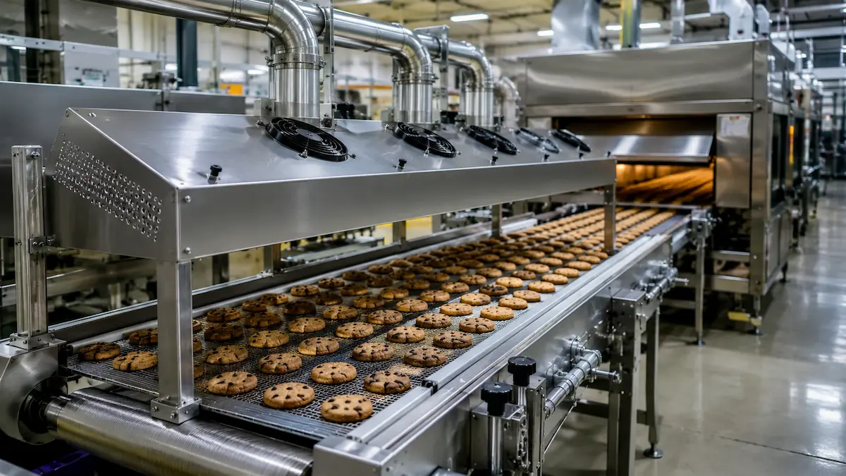 Conveyor industri makanan dengan sistem cooling dan oven untuk produksi cookies