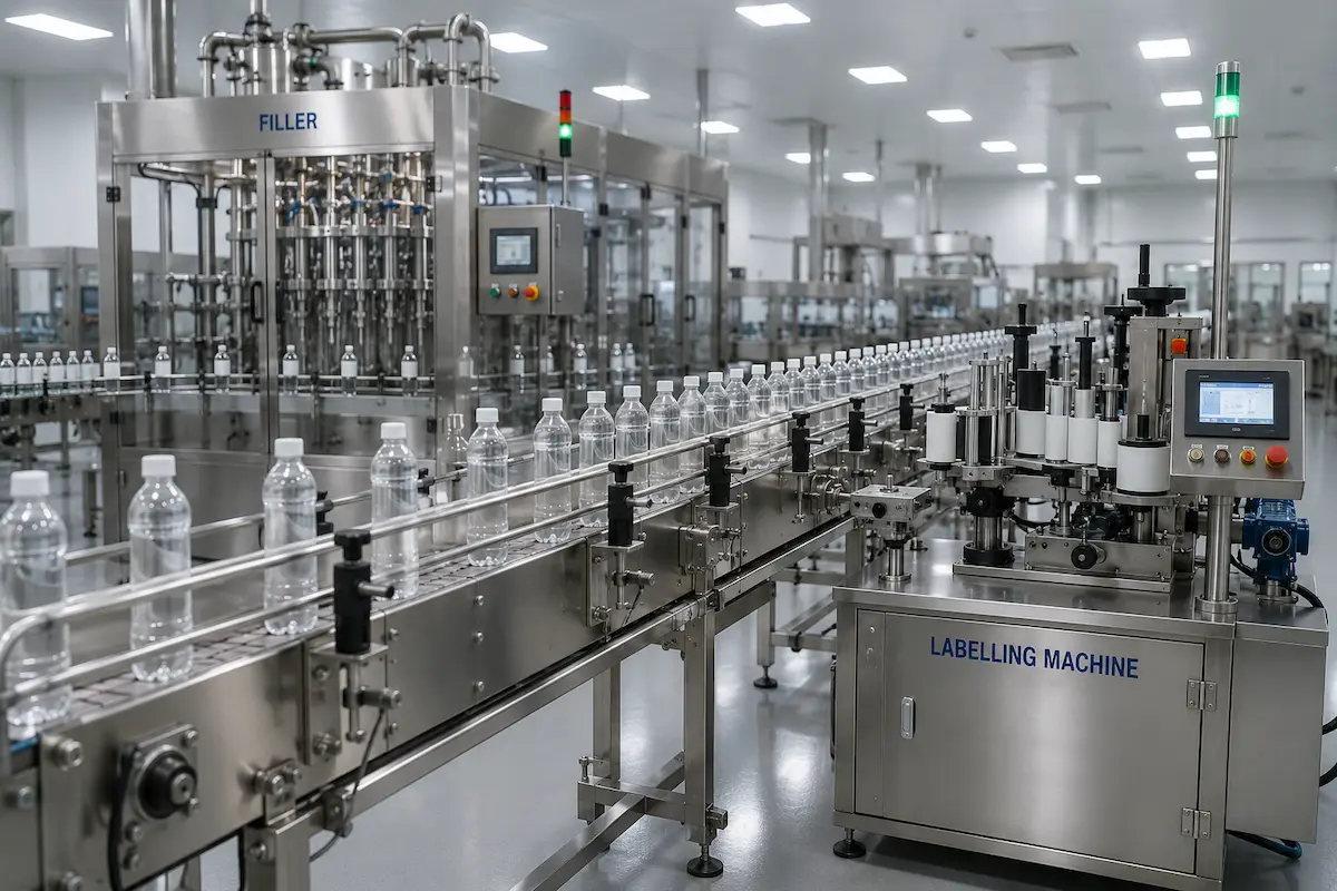 Conveyor industri minuman dengan mesin filling dan labeling botol