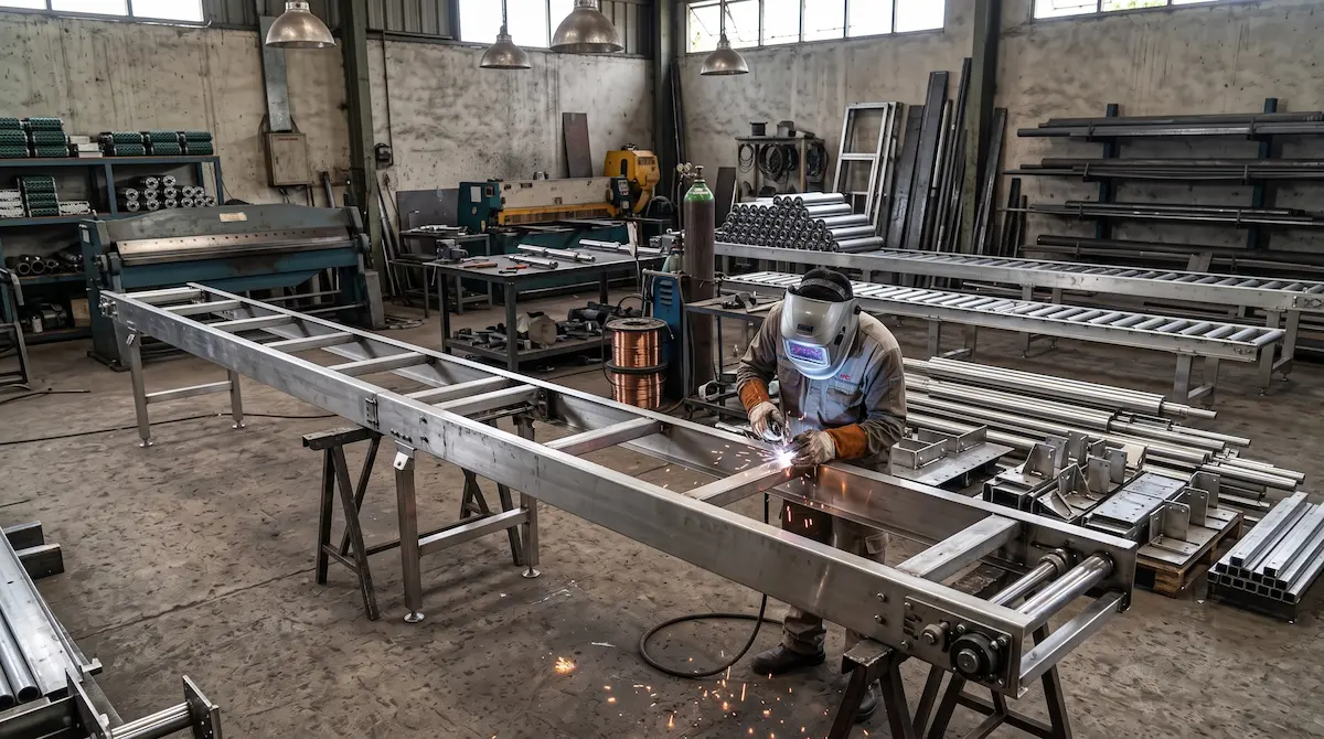 Fabrikasi conveyor di workshop dengan proses pengelasan frame