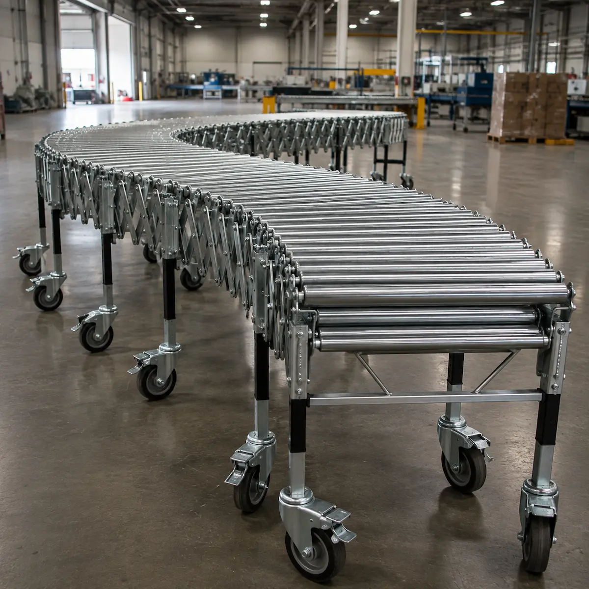 Flexible roller conveyor untuk pemindahan barang