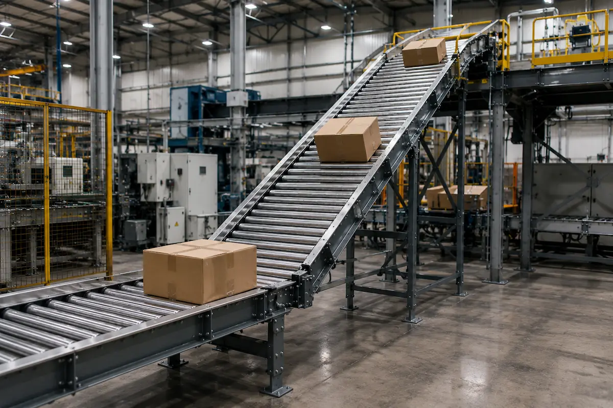 Incline roller conveyor untuk perpindahan material antar elevasi