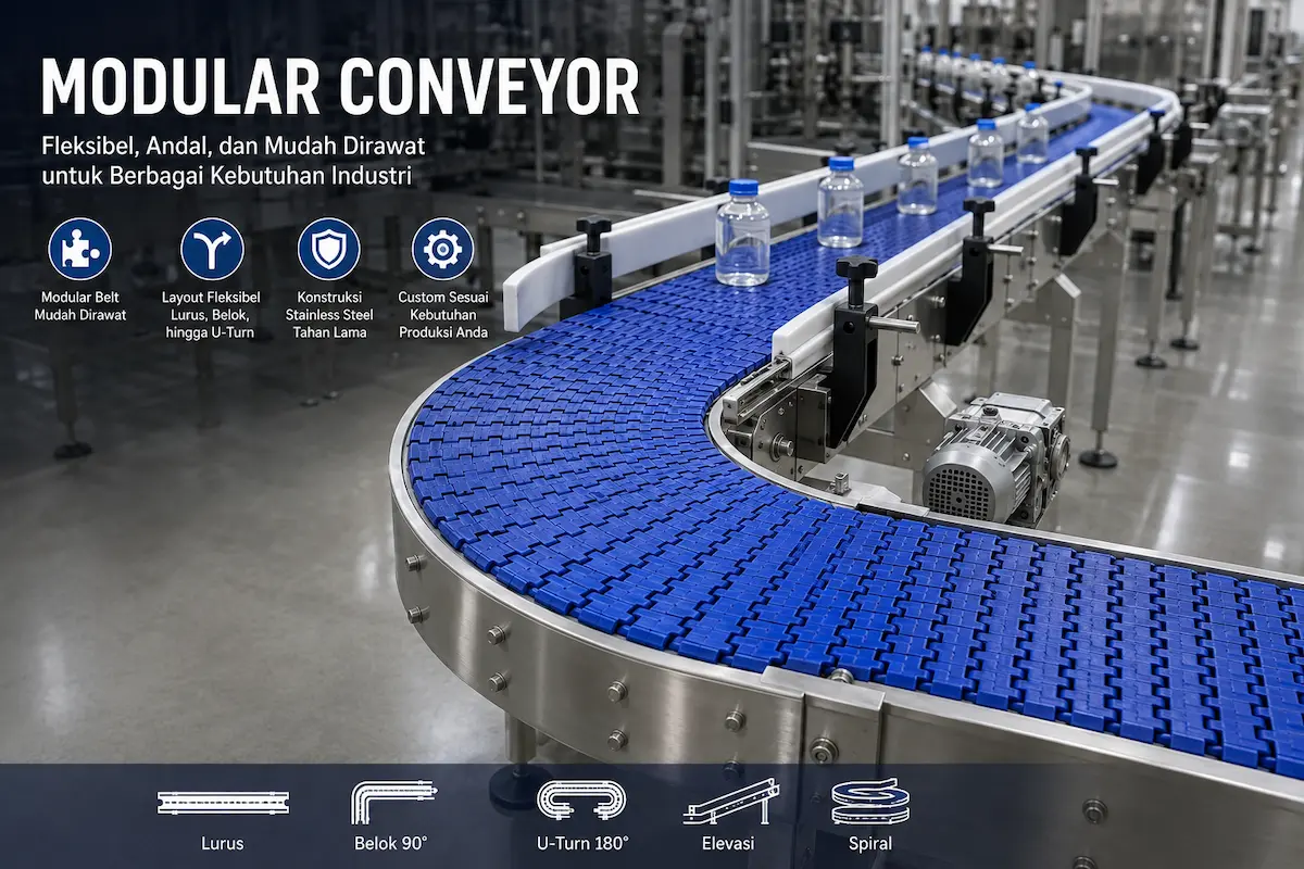 Modular conveyor custom dengan belt modular dan rangka stainless steel