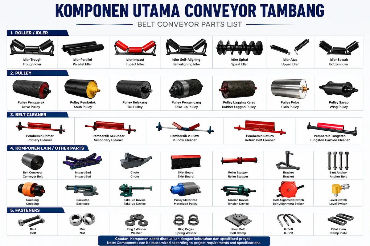 Komponen utama belt conveyor tambang