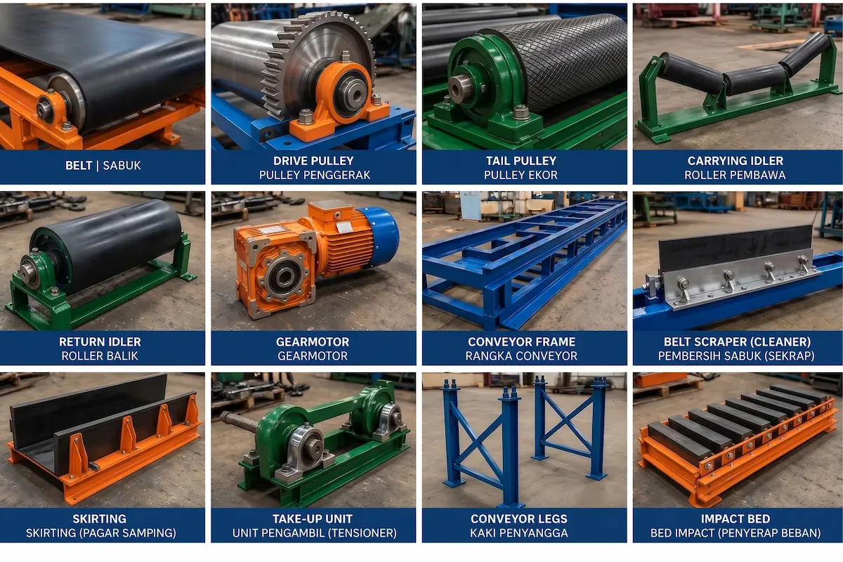 Komponen mesin conveyor seperti belt, pulley, roller, gearmotor, frame dan take-up unit