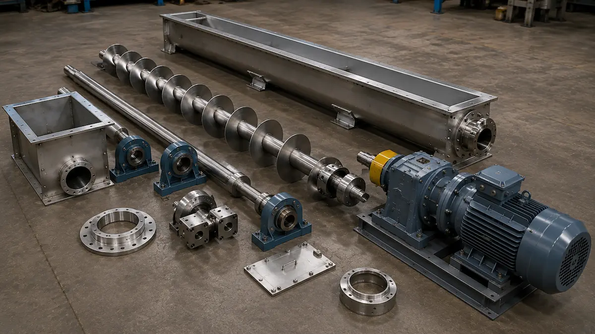 Screw flight, shaft, bearing, gearbox dan komponen fabrikasi di workshop