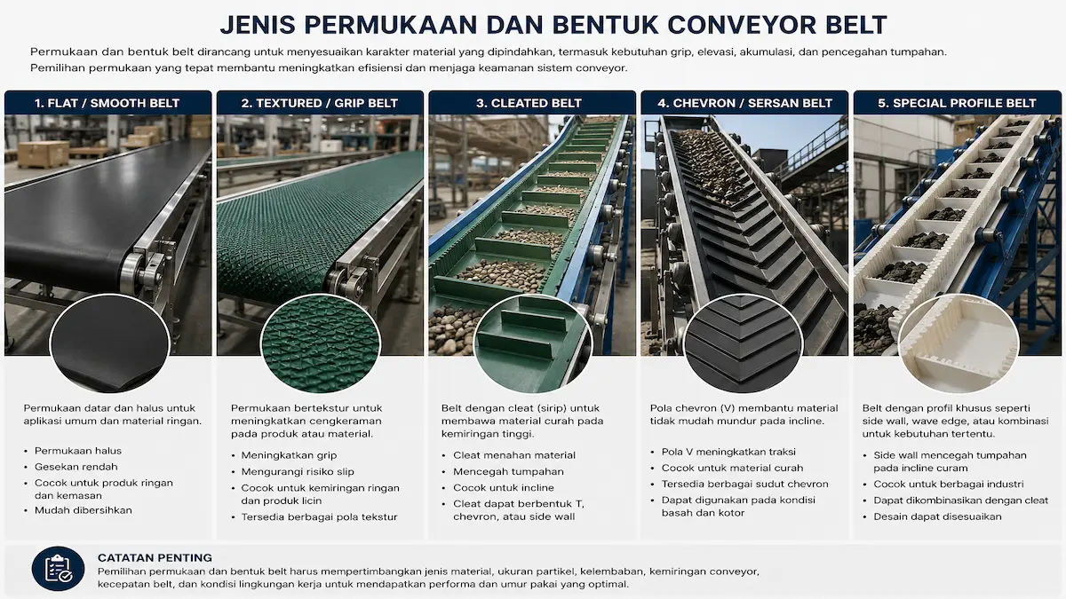 Konfigurasi belt conveyor flat incline troughed curved dan special profile