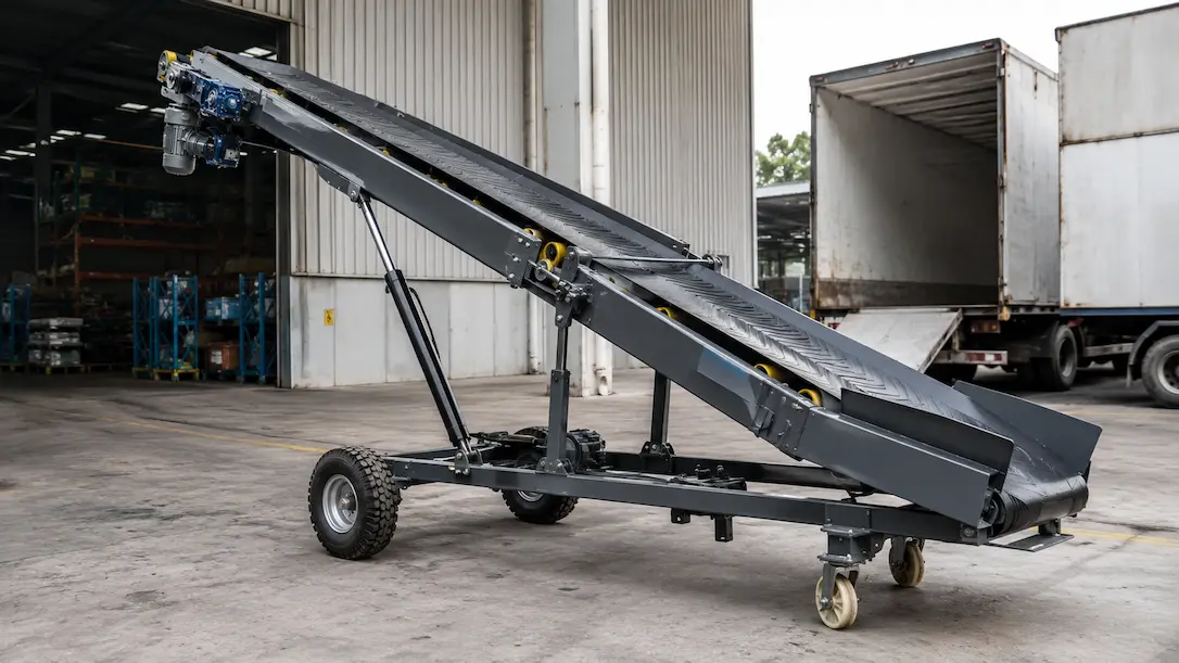 Mobile folding conveyor dengan rangka dan roda