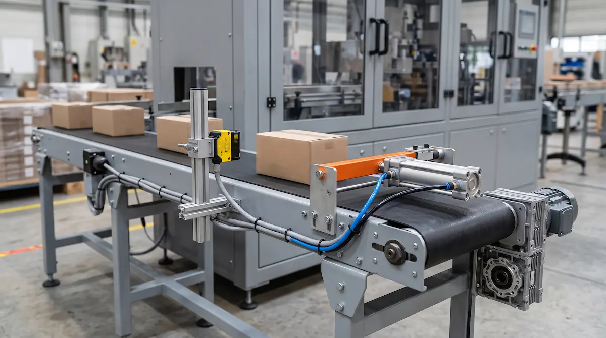 Sensor dan stopper pada conveyor produksi