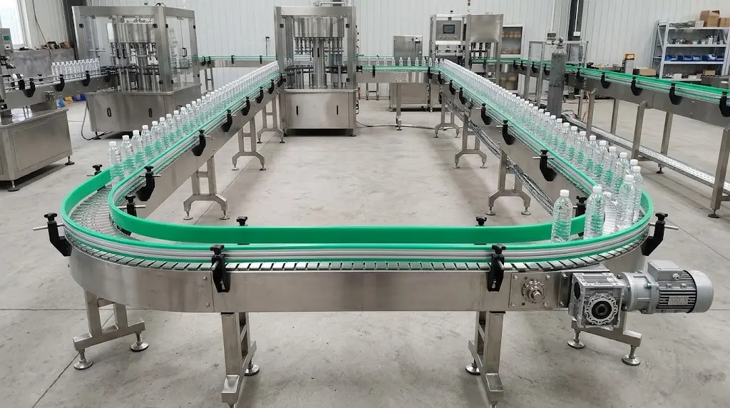 Slat conveyor stainless untuk pemindahan botol pada lini produksi