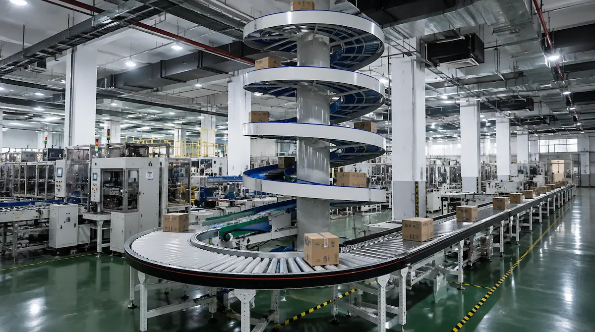 Spiral conveyor untuk pemindahan produk antar level