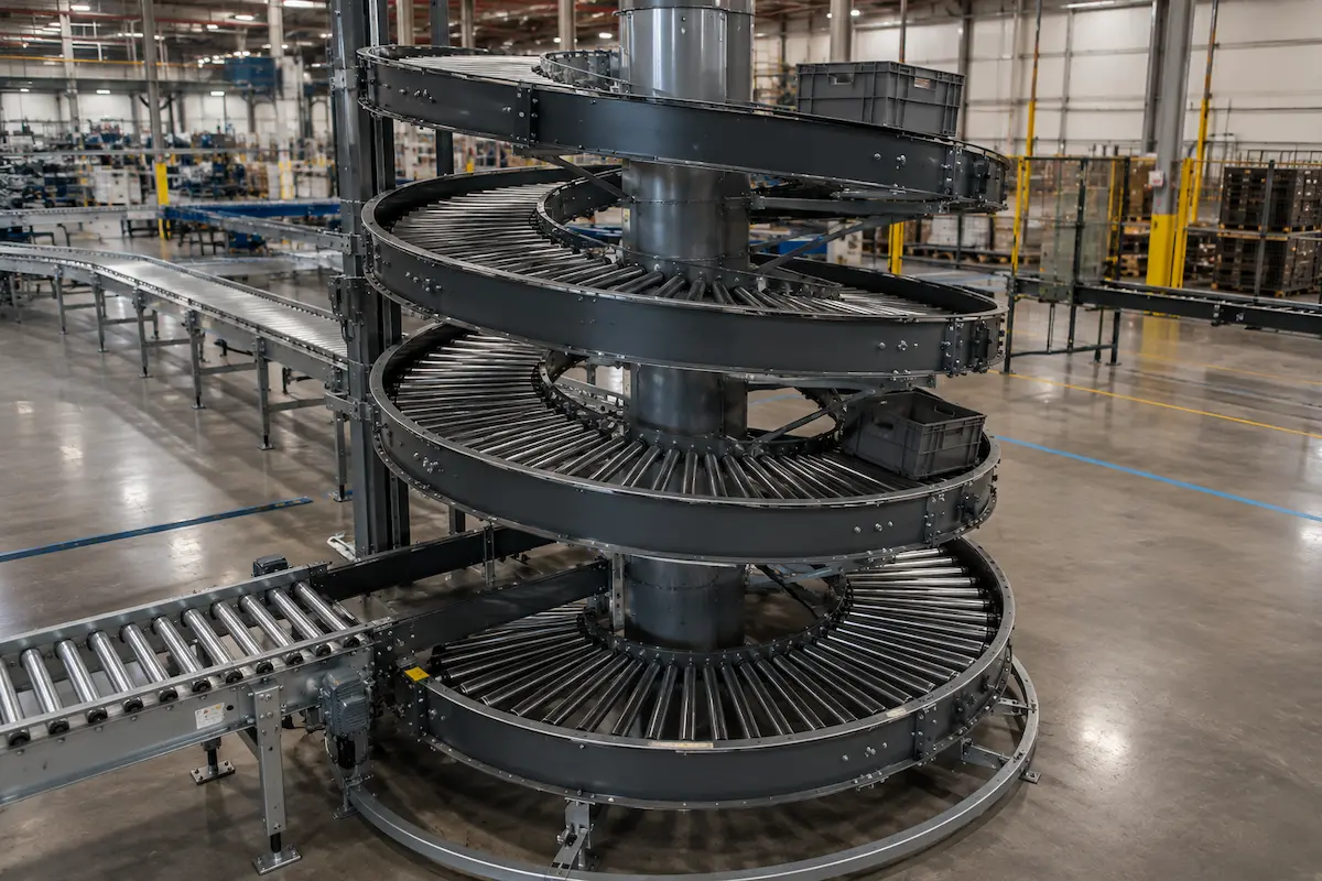 Spiral roller conveyor untuk pemindahan barang antar level