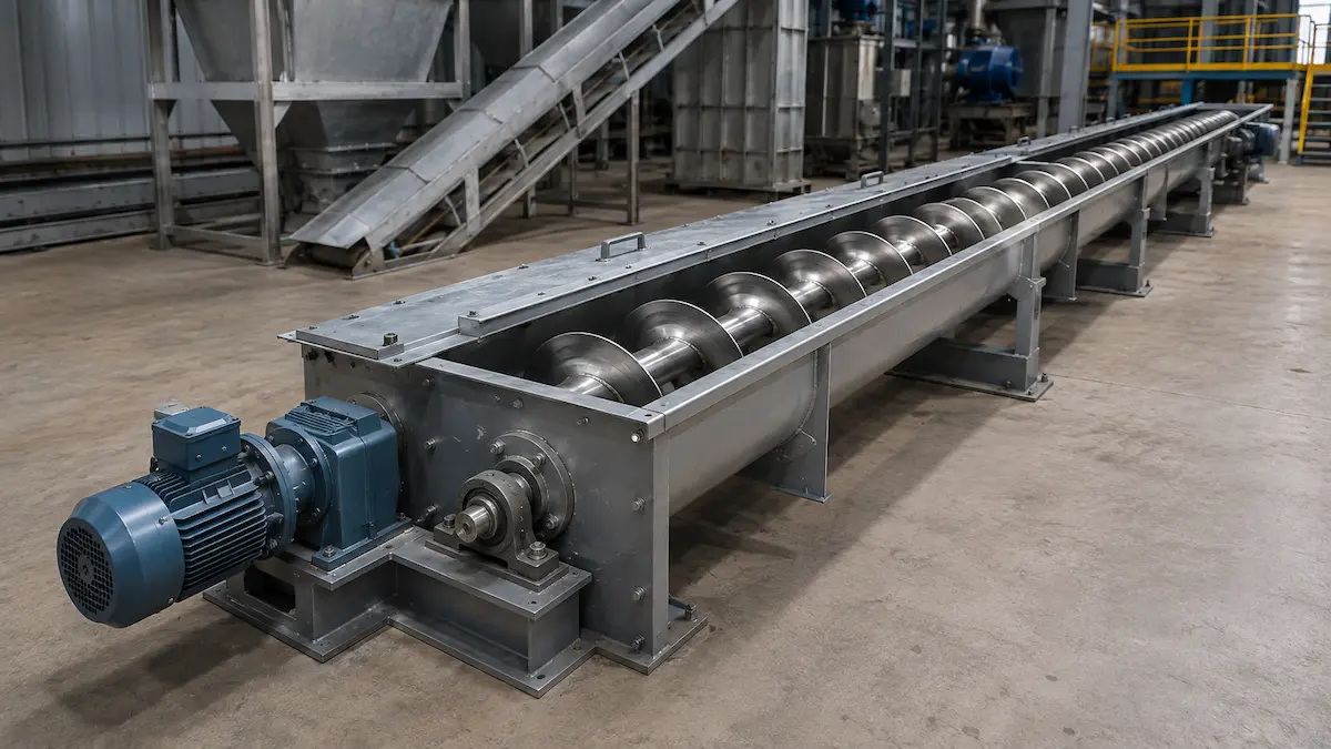 U-trough screw conveyor dengan screw flight untuk material curah